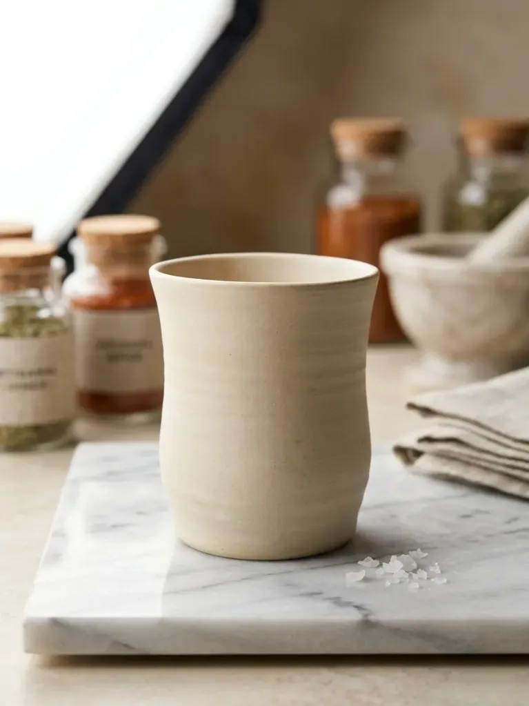[TAZ2629] Satin white cup with marble effect. Maïa Ceramics